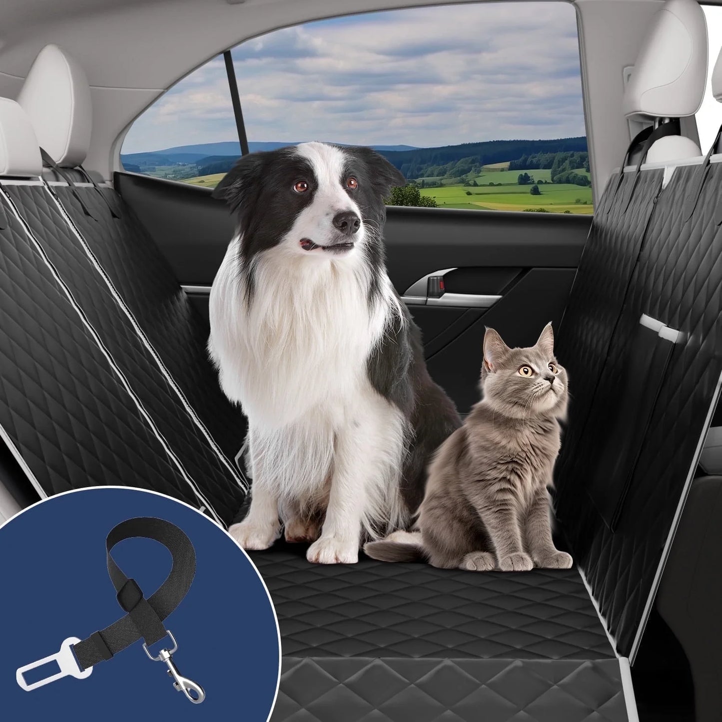 Dog Seat Cover- Non-Slip Dog Car Hammocks with Seatbelt Dog Car Seat Cover Waterproof and Scratch-Resistant Dog Car Back Seat Protection